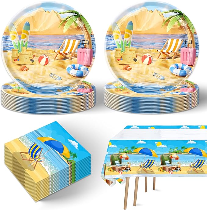 41pcs Summer Beach Party Supplies ,include 20pcs Dessert Plates, 20pcs Napkin and 1pcs Tablecloth,Used for Summer Beach Birthday Party Decoration