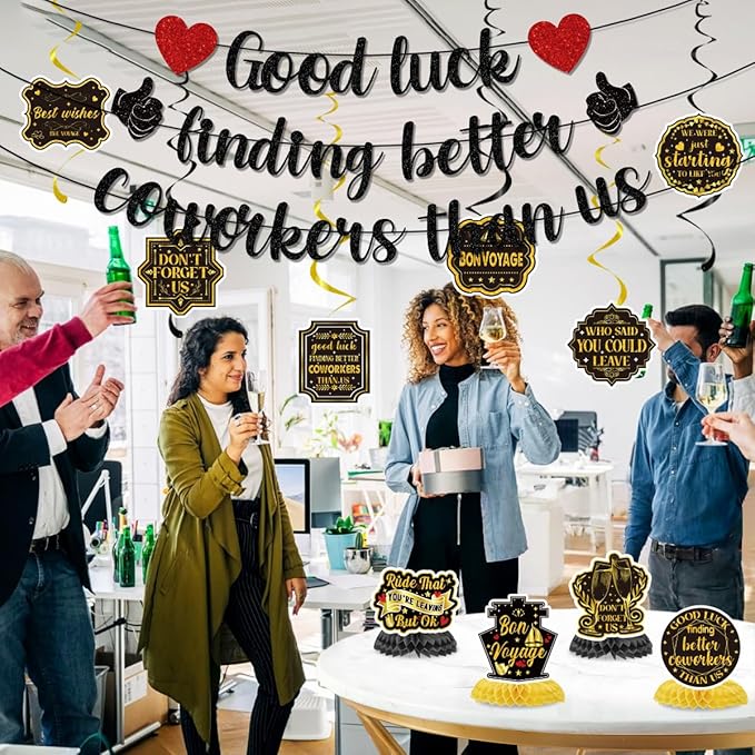 Going Away Party Decorations Include Good Luck Finding Better Coworkers Than Us Banners Hanging Swirls Honeycomb Centerpieces Farewell Theme Party Supplies