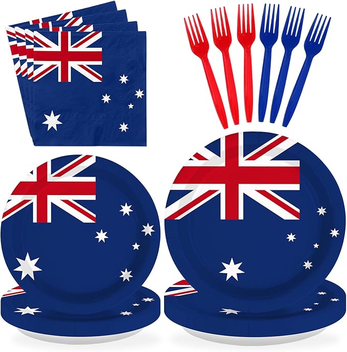 96Pcs Australian Flag Party Supplies Australia Birthday Plates and Napkins Australian National Flags Tableware Set for School Sports Events Patriotic Festival Birthday Party Decor，Serves 24