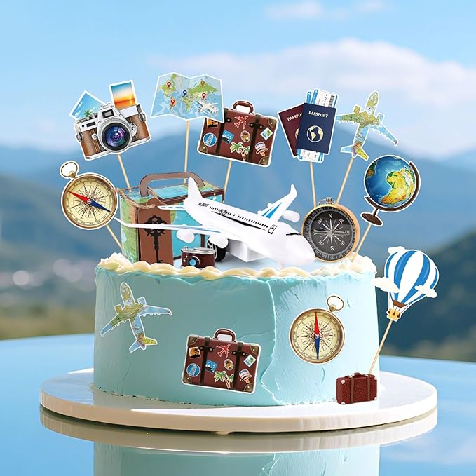 Hooqict 34 Pcs Travel Cake Topper with Mini Suitcase, Globe, Map, Airplane Cake Decorations for Travel Themed Party Decorations Let The Adventure Begin Around the World Party Supplies