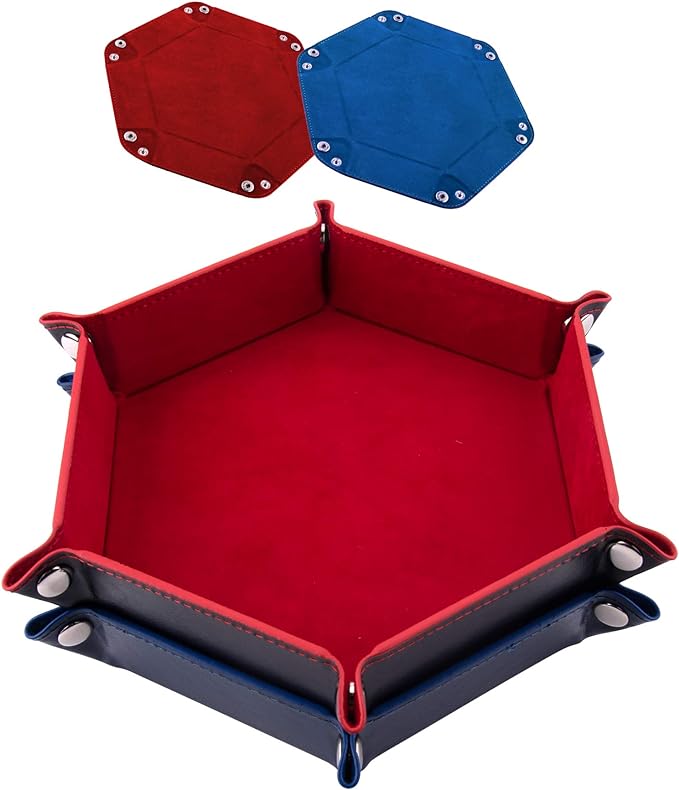 SIQUK 2 Pieces Dice Tray PU Leather Dice Folding Hexagon Tray Dice Holder for Dice Games Like RPG, DND and Other Table Games (Red and Royal Blue)