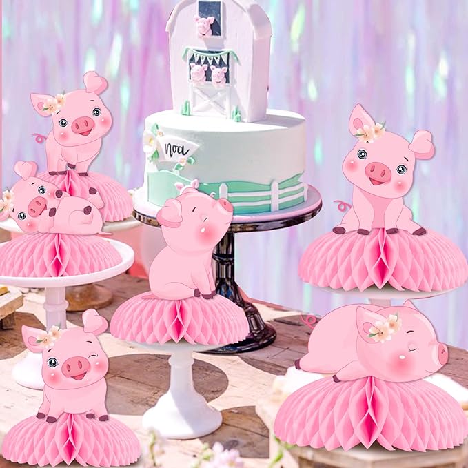 JOYMEMO 8 Pieces Pig Honeycomb Centerpieces for Tables - Pink Piggy Theme Birthday Decorations Girls, Pig Farm Animal Table Table Toppers for Barnyard Farmhouse Birthday Baby Shower Party Supplies