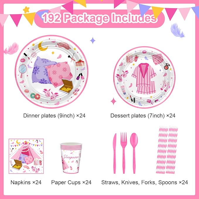 Avezano 192 Pcs Sleepover Party Supplies for Girls Plates Napkins Set Pajama Party Decorations Sleep Over Theme Slumber Decor Disposable Dinnerware for 24 Guests