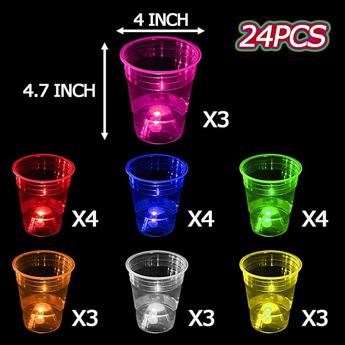mishunyus 24-Pack 16oz Glow in The Dark Party Cups - Reusable Plastic Cups for Neon Party Decorations, Birthday Celebrations (16th-80th), Weddings, BBQ, Beach & Holiday Events - 7 Vibrant Colors