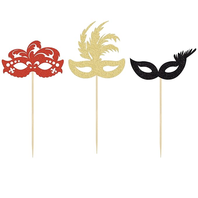 Gyufise 24 Pack Masquerade Masks Cupcake Toppers Black Gold Red Glitter Bachelorette Party Mask Cupcake Picks Mardi Gras Party Baby Shower Birthday Party Cake Decorations