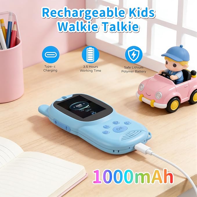 Video Walkie Talkies for Kids, Handheld 2 Pack Rechargeable Video Intercom Kids Walkies Talkies, Indoor Outdoor Toys for Family Games, Outside, Camping, Hiking for Boys Girls Ages 3-12 (Blue+Blue)