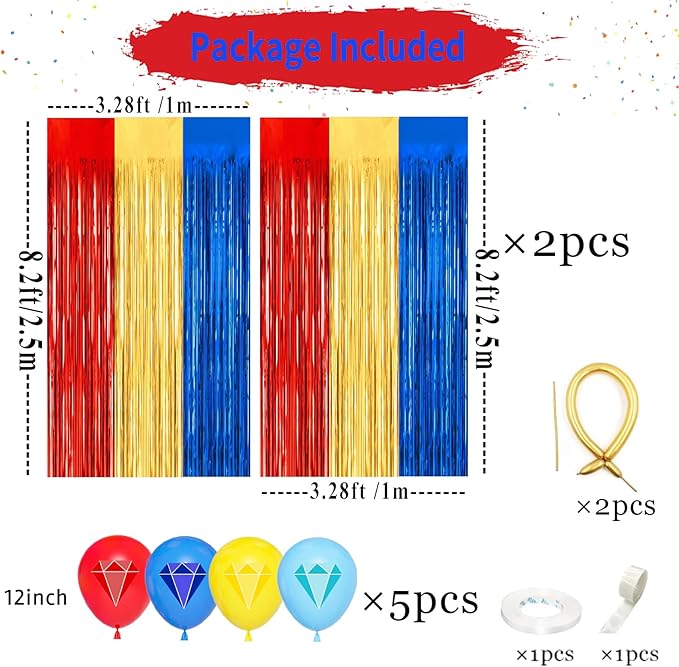 24Pcs Cartoon Hedgeho Birthday Party Decorations, Red Blue Yellow 3.3x8.2ft Tinsel Foil Fringe Curtains Banner and Balloons for Anime Theme Birthday Decorations Boys and Girls Party Supplies