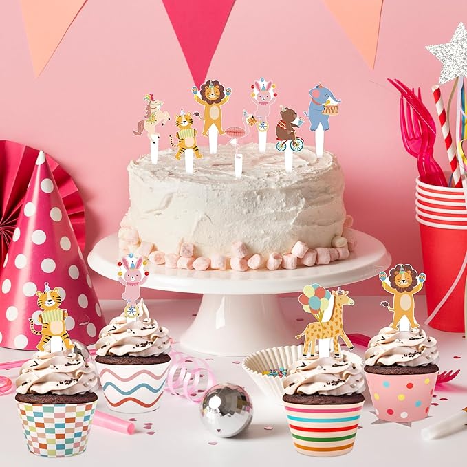 48 Pack Circus Animal Cupcake Toppers and Wrappers, Carnival Party Cake Decoration for Animal Theme Birthday Party Baby Shower Supplies