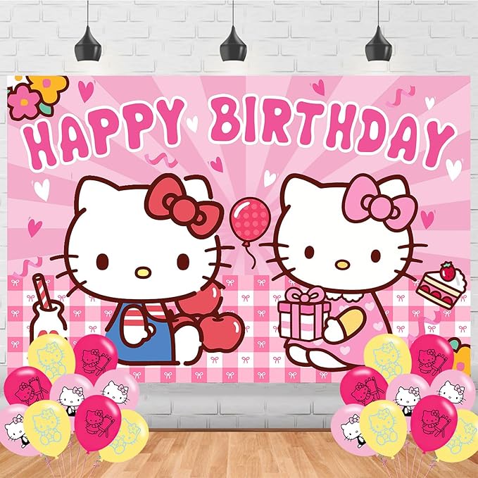 Cartoon Kitty Birthday Party Supplies Backdrop 5x3 Hello Cat Happy Birthday Background Photography Cartoon Cat Party Decorations Banner Photo Booth Props