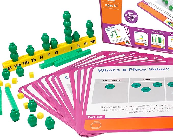 Junior Learning: Mathcubes - Place Values - 30 Activity Set, Build & Learn, Blocks & Boards Hands On Math, Developmental & Education Set, Kids Ages 4+