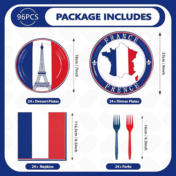 96Pcs France French Flag Party Supplies French Flag Party Plates and Napkins Disposable France Flag Tableware Set for French Party Decor Paris Theme Party Decorations Birthday Family Gathering Serve24
