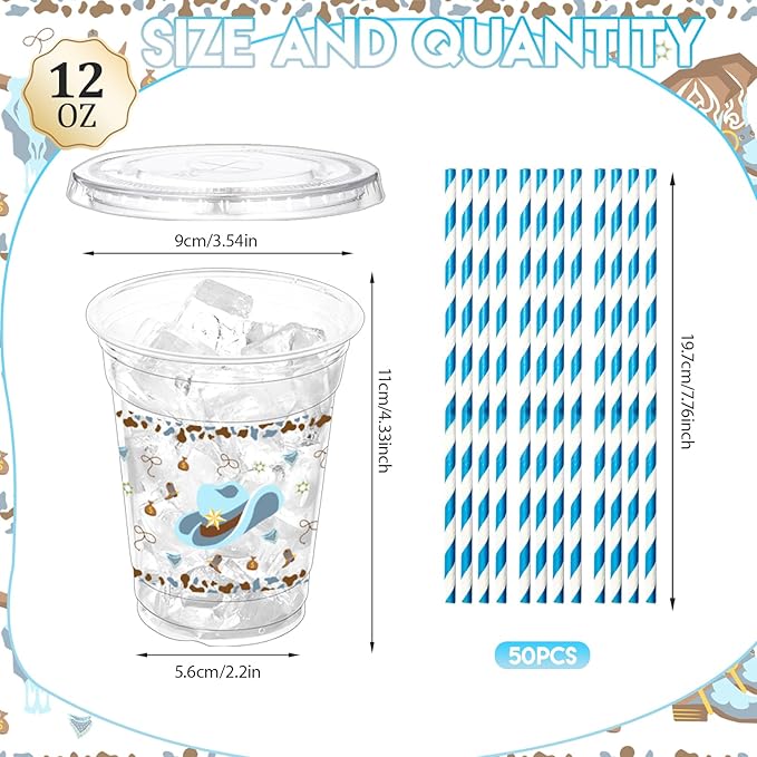 50 Pcs Western Cowboy Plastic Cups with Lids and Straws, 12 oz Blue Cowboy Party Cup Clear Disposable Cowboys Cups for Western Cowboy Baby Shower Birthday Party Supplies