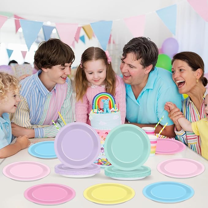 48Pcs Pastel Party Plates Spring Pastel Party Supplies 7" Pastels Paper Plates Disposable Rainbow Parties Decoration for Easter Wedding Colorful Dessert Plate Tableware Birthday Baby Shower Supplies