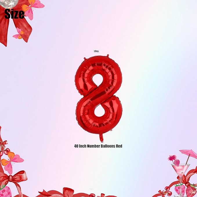 40 Inch 8 Red Number Balloons Mylar Foil Helium Digital Balloons Baby Shower 8th Birthday Party Decor Supplies