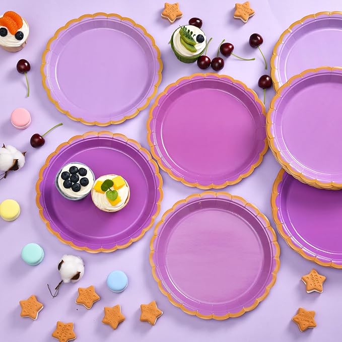 96 Pcs Purple Scalloped Party Paper Plates, 9 Inch Cute Purple Disposable Birthday Lavender Dessert Baby Bridal Shower Cake Paper Plates for Party Bridal Baby Girl Shower Wedding Supplies