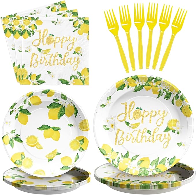 Grencian 96PCS Lemon Party Decorations Lemon Birthday Party Plates Disposable Yellow Lemons Paper Tableware Set for Lemon Birthday Lemon Baby Shower Summer Fruit Themed Party, Serves 24