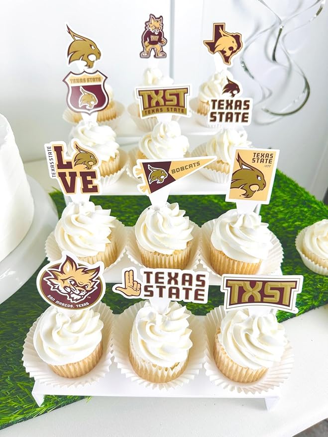 Texas State Cupcake Topper Party Supplies for TXST Football, Birthday, Graduation Party Decorations (24 Pieces) (Texas State Bobcats)