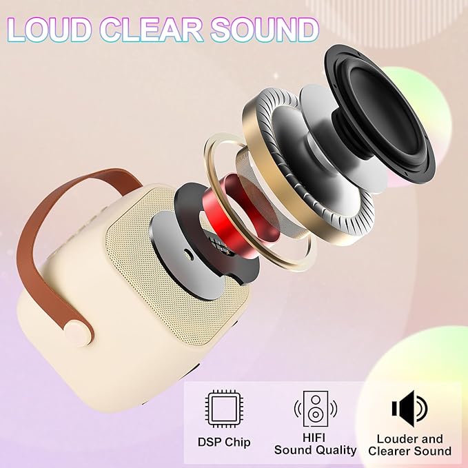 Karaoke Machine for Kids Adults, Mini Portable Bluetooth Karaoke Speaker with 2 Wireless Microphone and Lights,Toys for All Smartphones,Birthday, Family,Home Party Beige