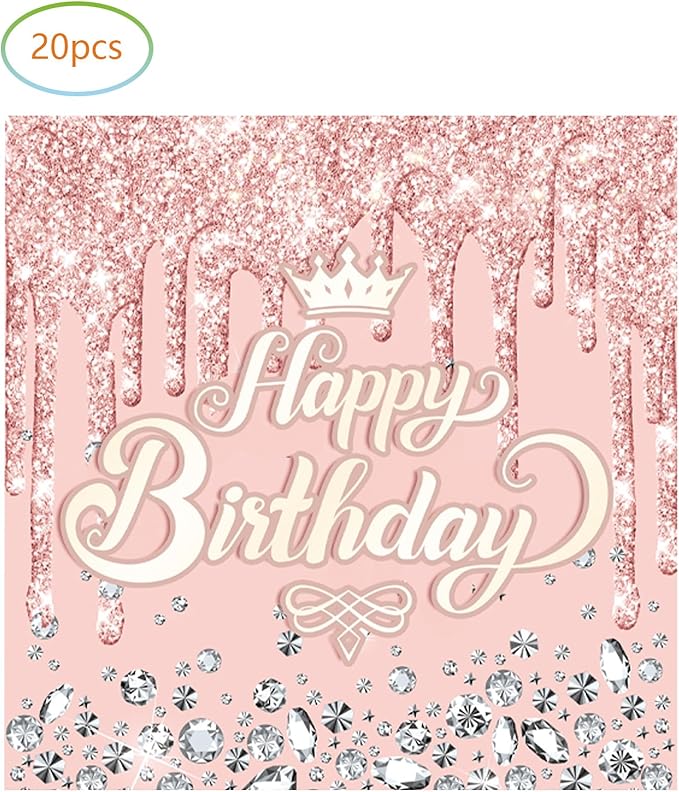 Pink Rose Goldr Birthday Party Supplies, Include 20 Plates and 20 Napkins, Pink Rose Goldr Theme Birthday Party Decorations for Kid Girls Women Glitter Diamond