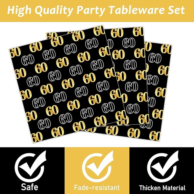 96PCS 60th Theme Birthday Party Tableware Vintage 1966 Party Supplies 60 Year Old Birthday Party Decorations Plates Napkins Forks Black and Gold Dinnerware Favors for Men or Women