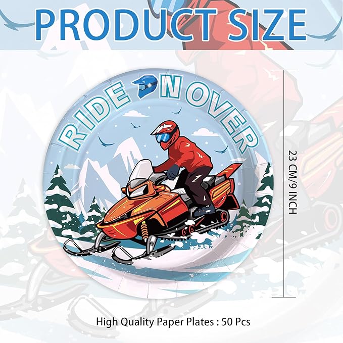 50Pcs Skiing Snowmobile Paper Plates 9 Inch Heavy Duty Disposable Winter Ski Snowmobile Birthday Party Dessert Plates Snow Skiing Wonderland Decoration for Girls Boys Skier Holiday Party Supplies