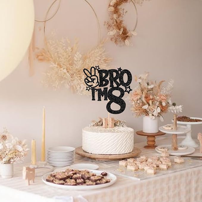 1 PCS Brother I'm 8 Cake Topper Glitter Star Happy 8th Birthday Cake Pick Bro I'm 8 Cake Decoration It's My 8th Birthday Decorations for Boys Cheers to 8 Years Old Birthday Party Supplies Black
