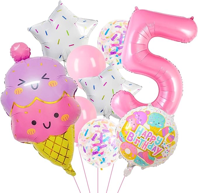 Pink Ice Cream Balloons, 5 Balloon Number, 5th Birthday Decorations Girl, Ice Cream Balloon for Girls Birthday Party Decoration (5)