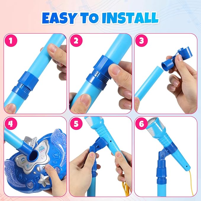 Musical Toys Karaoke Machine for Kids with Adjustable Stand and Microphones,Music Sing Microphone Toy with Flashing Stage Lights(Blue,Without Battery)