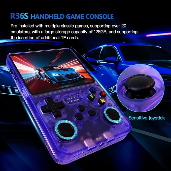 New Upgraded R36S Retro Handheld Game Console with 128G 3.5 Inch IPS Screen Built-in 15000+ Classic Games Open Source Linux System Portable Pocket Video Player (Purple)