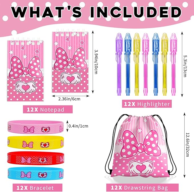 Pink Cartoon Mouse Party Favors, Animation Themed Birthday Party Supplies & Goodie Bags for Kids, Include Drawstring Bags Notebook Silicone Bracelet Highlighter for Gifts Fillers