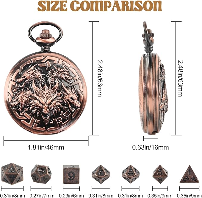 D&D Dice Set,7PCS Metal Dice for Dungeons and Dragons,Mini Dice Set with Pocket Watch Case,Role Playing Board Games Accessories (Dragon, Copper)