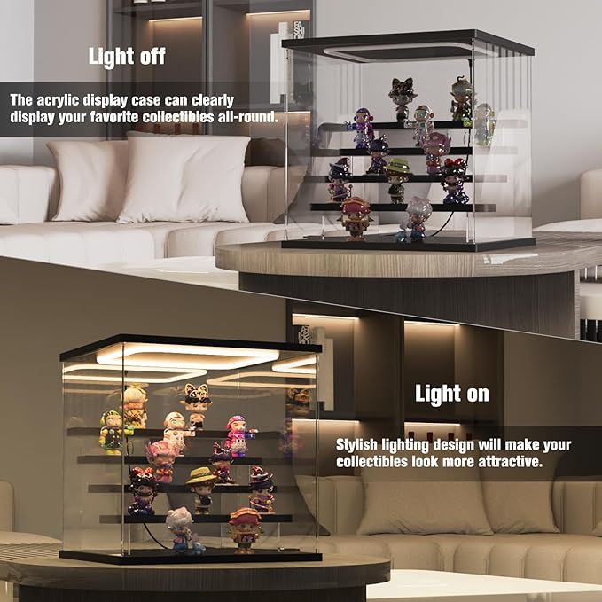 Nynelly Acrylic Lighted Display Case for Collectibles, 5 Tier Figure Display Box with Door and Steps, Assemble Dustproof LED Showcase Storage Box for Mini Figures, Funko Pop, Toys, Black