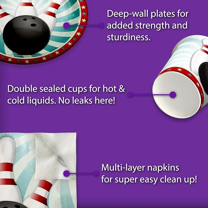 Bowling Fun Birthday Party Supplies Set Plates Napkins Cups Tableware Kit for 16