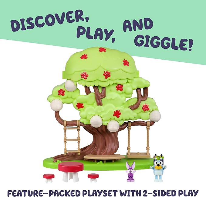 Bluey 2-Sided Treehouse Playset, 11”, Action-Packed Tree Toys Set with 4 Accessories and 2.5” Articulated Figure, Animal Toys for Kids Ages 3+