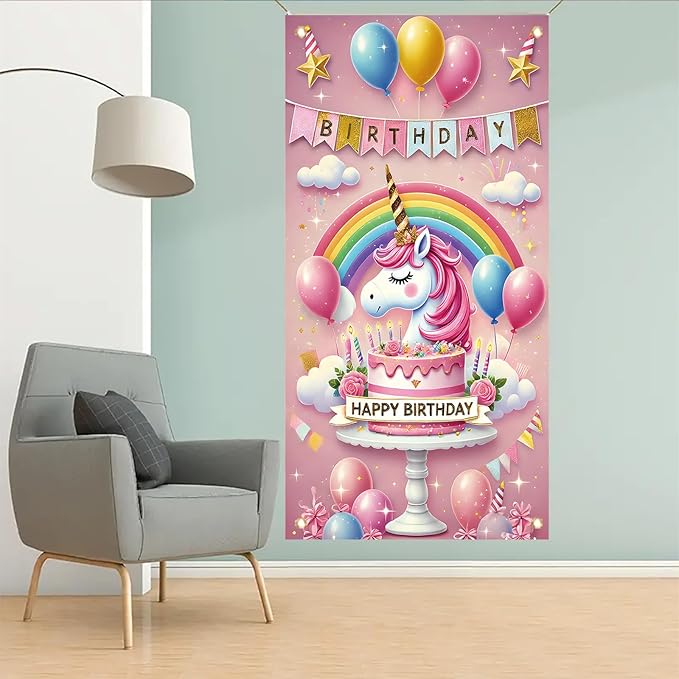 Unicorn Birthday Door Cover 71 x 35 inch Party Decoration Rainbow Cake Backdrop Door Banner for Girls Kids Birthday Celebration Photography Background Party Supplies