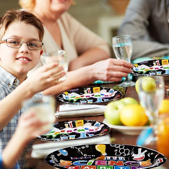 Grencian 96 Pcs Science Party Supplies 350 GSM Science Plates and Napkins Disposable Tableware Set Mad Scientist Dinnerware for Kids Little Scientist Decoration Favors Serves 24