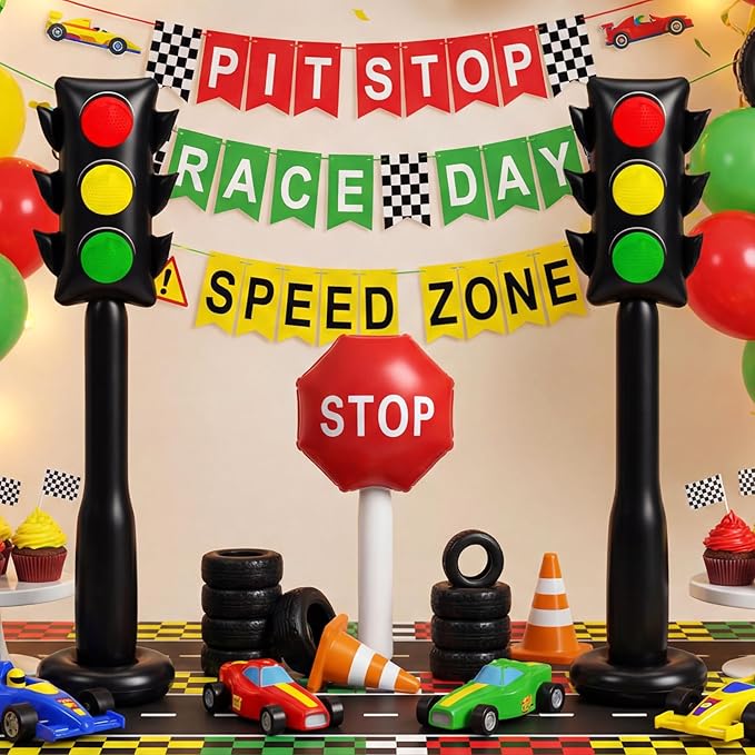 3 Pcs 59 Inch Jumbo Inflatable PVC Traffic Light Balloons and 24 Inch Stop Sign Balloon for Racing Car Birthday Party Decorations Traffic Vehicle Birthday Party Supplies