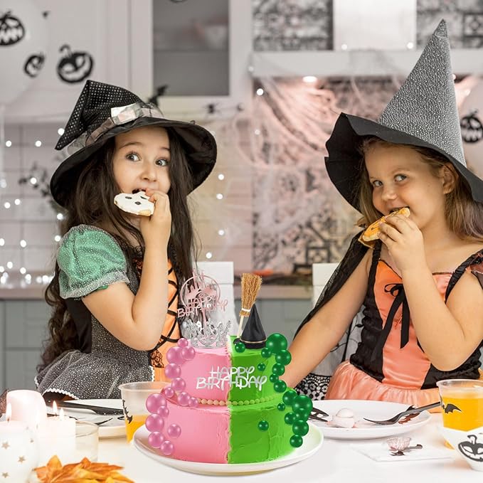 44PCS Witch Cake Topper Pink and Green Ball Cake Topper Witch Hat and Crown Cakes Topper for Girls Women Princess Birthday Party Supplies Halloween Cakes Decoration