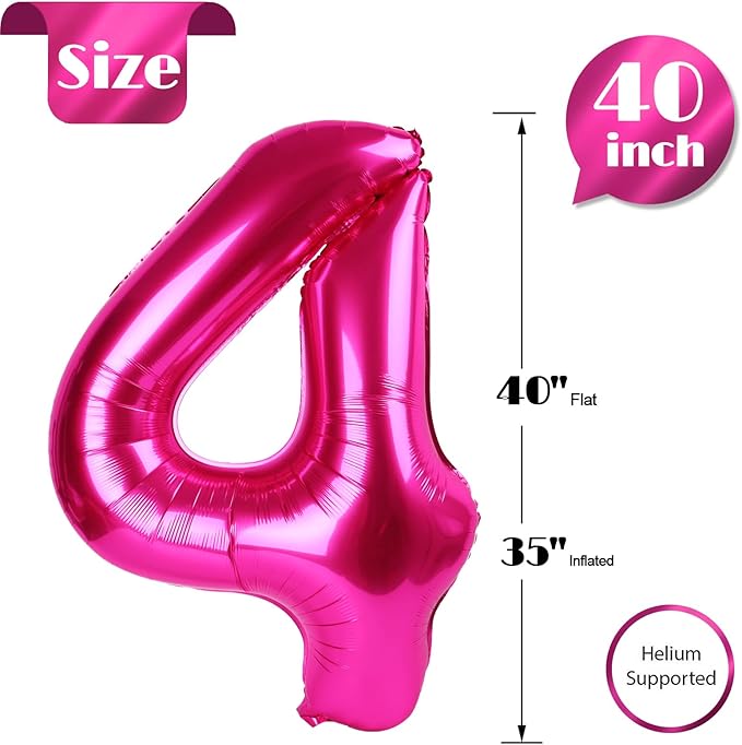Hot Pink 4 Balloon, Number Balloons 40 Inch, 4th Birthday Decorations for Girls Four Large Numbers for Party Decor, Number 4 Balloon
