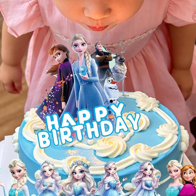 7Pcs Cute Blue Princess Birthday Cake Decorations，1 Large, 6 Small Snow Theme happy Birthday Cake Toppers，For Ice Birthday Party Supplies (A)