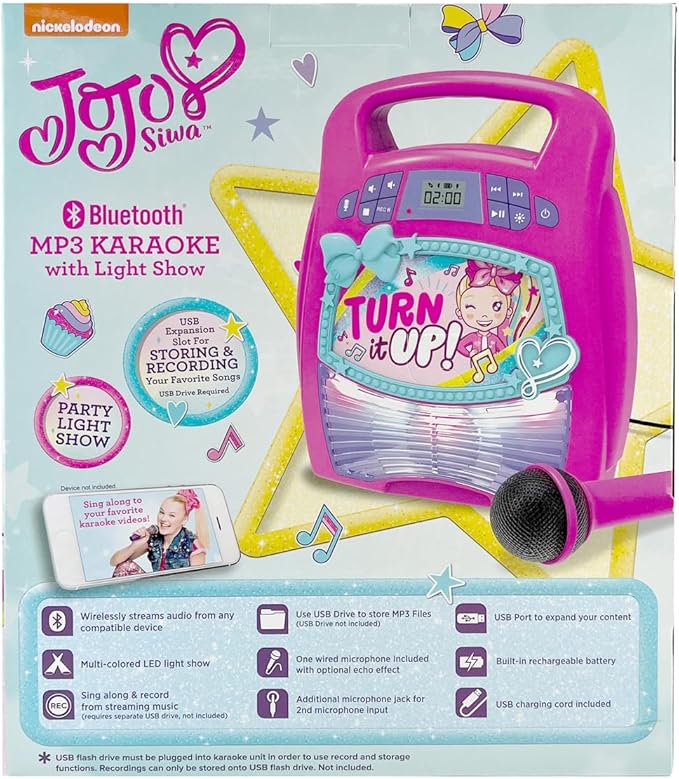 ekids JoJo Siwa Bluetooth Karaoke Machine, Portable Bluetooth Party Speaker with Microphone for Kids, Speaker with USB Port to Play Music