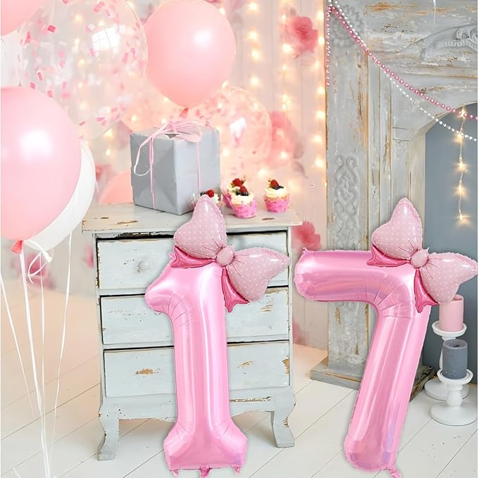 40 inch Number 17 Balloon with Bow Pink Happy Birthday Jumbo Number Balloons for Girls Daughter Birthday Decorations Party Supplies (Pink Number 17)