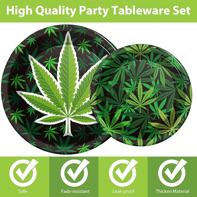 gisgfim 96 Pcs Weed Themed Plates and Napkins Party Supplies Green Pot Leaves Birthday Tableware Set Weed Party Decorations Favors for Adults Birthday for 24 Guests