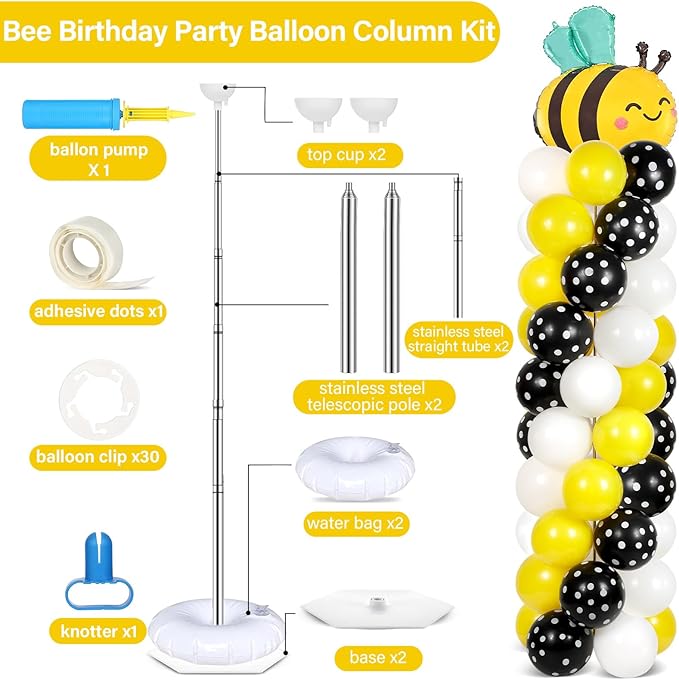 2 Sets Bee Birthday Party Balloon Column Stand Kit With 102 Bumble Bee Foil 5.57Ft Adjustable Balloon Tower Stand With Base Honey Bees Arch Column for Gender Reveal Birthday Baby Shower Party Supplies