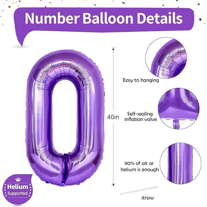 Purple Number Balloons, 40 Inch Foil Large Balloons, Helium Self Inflating Number Balloon for Girls Women 10th 20th Birthday Party Bridal Shower Anniversary Ceremony Party Decoration Supplies
