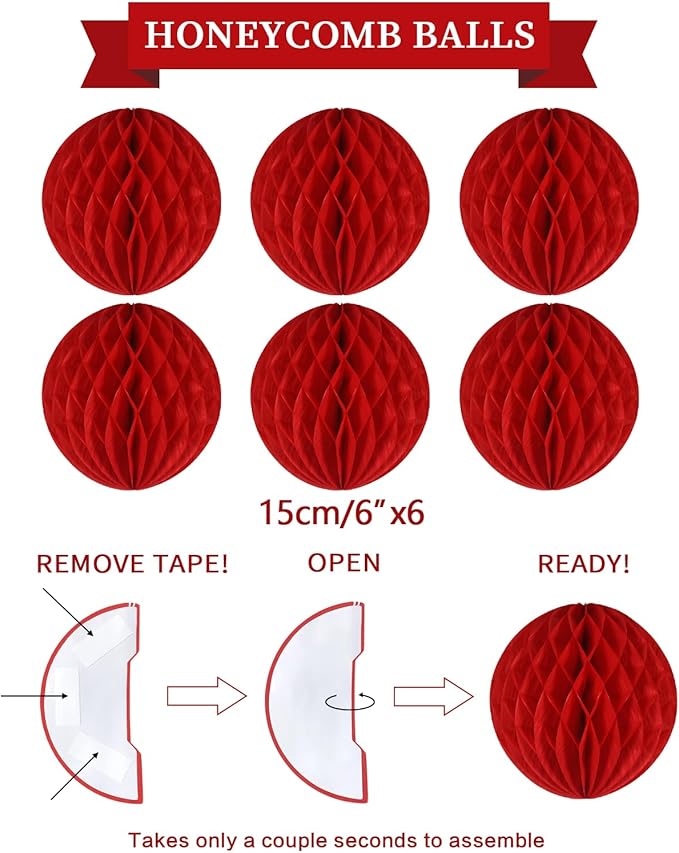 Red Birthday Decorations Kit - 16-Piece Set with Pre-Strung Happy Birthday Banner, Honeycomb Balls, Garland & Swirls | Red Theme Party Supplies for Women Girls Kids, Teens Adults