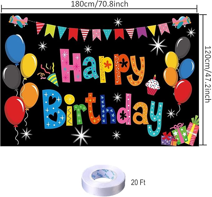 Black Balloon Birthday Party Backdrop Colorful Black Happy Birthday Banner Photography Background for Home Decorations Party Supplies 70.8 x 47.2 Inch