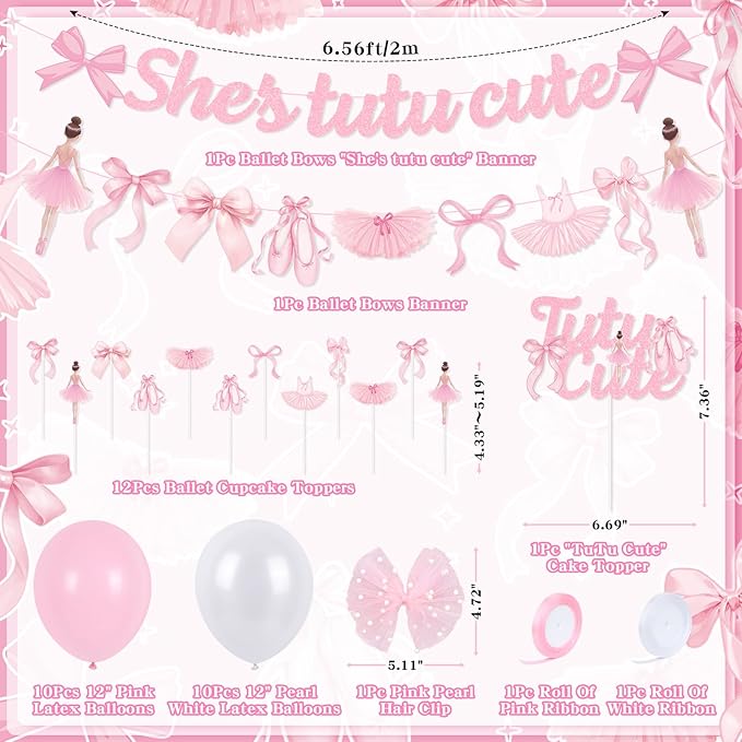 Pink Bows Ballet Girls Birthday Party Decorations, She's Tutu Cute Ballerina Theme Birthday Party Banner Cake Toppers Balloons for Two Two Cute 2nd Bday Baby Shower Tutu Dancing Girls Party Supplies