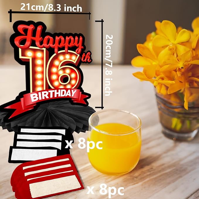 Happy 16th Birthday Red and Black Table Honeycomb Centerpieces Balloons Theme Decor Table Decorations Table Toppers for Girls Women Princess 16 Years Old Birthday Party Bday Supplies Background Gold