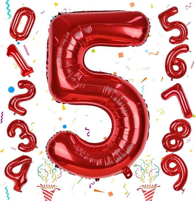 40 Inch Red Number Balloons, Giant Foil Number 5 Balloons for Girls Boys 5th Birthday, 0-9 Set Balloon for Women Men 25th Birtyday Party Decoration Christmas Anniversary Graduation Decoration Supplies